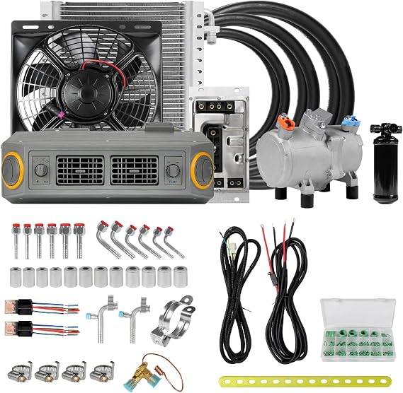 24V car A/C compressor evaporator kit, applicable to cars, vintage cars, RV, trucks, agricultural vehicles, vans, etc., DC air conditioning system (24V voltage)