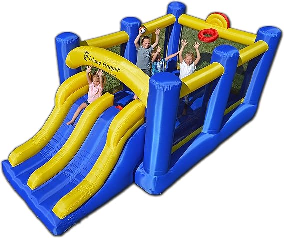 Island Hopper Racing Slide and Slam Inflatable Bounce House Dual Slides, Climbing Wall & Basketball Hoop for Fun Jumper with Durable PVC Build Outdoor/Indoor Bounce House