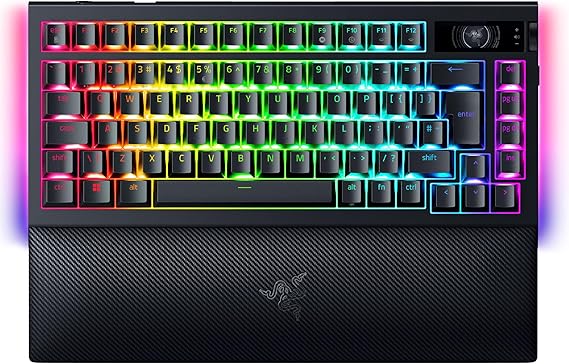 Razer BlackWidow V4 Pro%75 - Kablosuz, çalışırken değiştirilebilir oyun klavyesi - OLED ekran (komut kadranı, 4K Hz ve Bluetooth bağlantısı) US-ISO Düzeni | Siyah