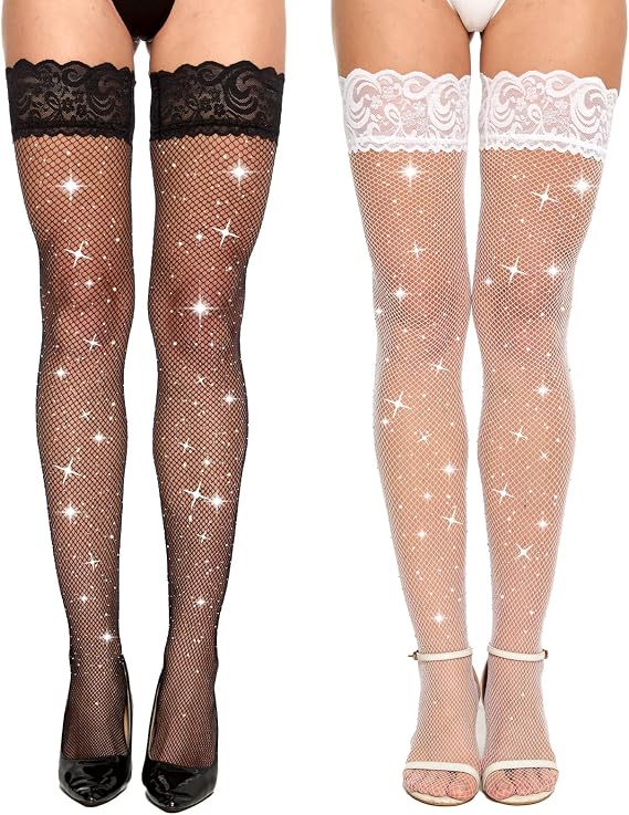 2 Pack Women Sparkly Sexy Thigh High Stocking Rhinestone Fishnets Lace Top Silicone Socks for Work Dates Weddings and Special Events