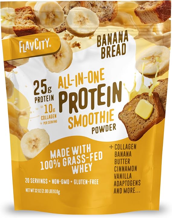 FlavCity All in One Protein Shake Powder, Banana Bread - On the Go Meal Alternative + Collagen Peptides, Reishi & Cordyceps - Focus, Skin, Hair & Joint Support - 100% Grass Fed Whey, 20 Servings