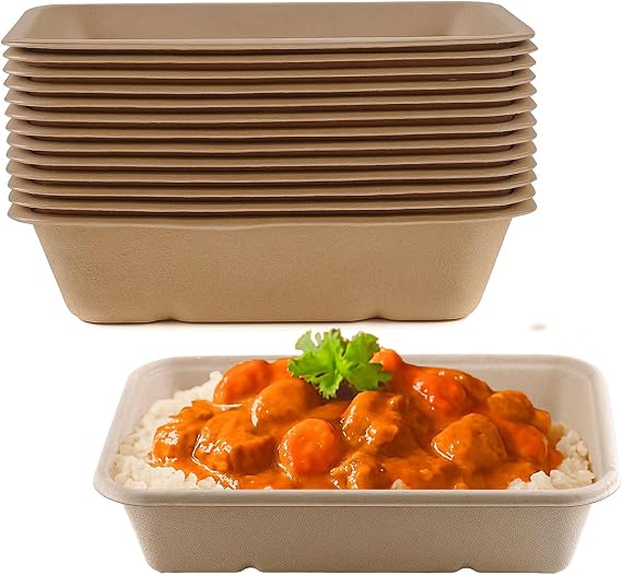 34oz Compostable Eco Friendly Container trays with Lids - Rectangular Oblong Tree Free Sugarcane Bagasse Meal Prep Bento Boxes Take Out Catering Microwavable Deep Container (25)