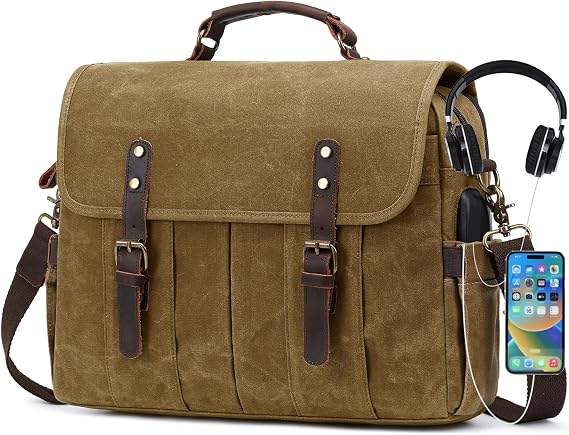 NerIion Messenger Bag for Men 15.6 Inch Vintage Canvas Genuine Leather Briefcase for Men Laptop Bag Satchel Shoulder Bag