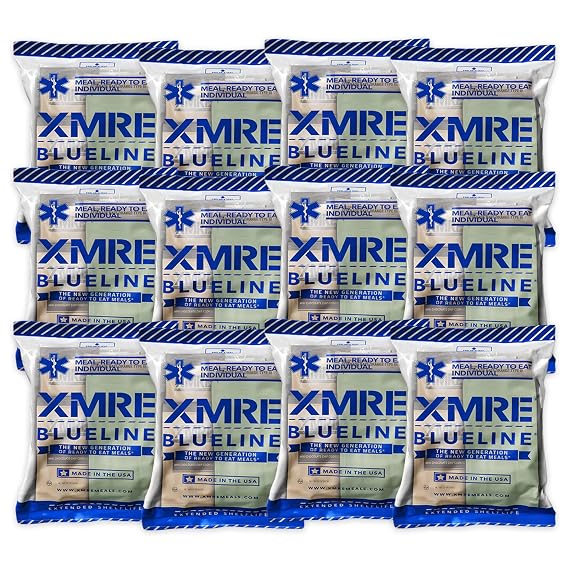 XMRE Blue Line MRE Meals Military 2022 Bulk | Military Grade MREs | For Survival Kits & Hurricane Preparedness Items | Emergency Food Supplies | Military Food Packs w/Flameless Ration Heater