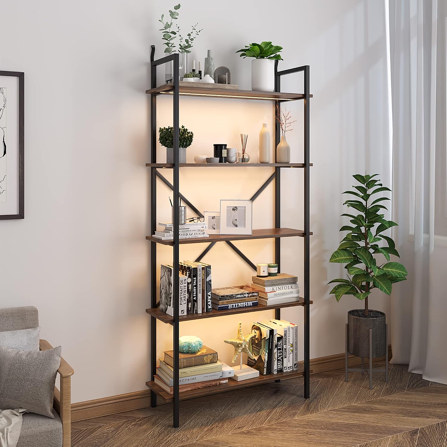 Vlsrka 5 Tier Industrial Bookshelf with 3 LED Lights,Tall Bookshelf Large Etagere Bookshelf Open Display Shelves Wood and Metal Standing Bookshelf Modern Bookcase Storage Shelving Unit for Home Office