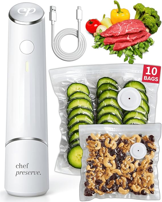 Chef Preserve Compact Vacuum Sealer for Food (Vacuum Sealer Machine + 10 Reusable Vacuum Bags) Powerful Handheld Vacuum Sealer Machine, Seal Meal Saver, Portable Food Sealer