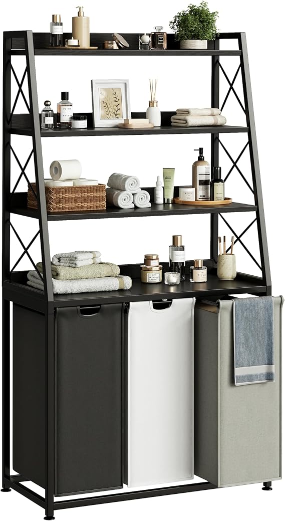 Herture Laundry Basket, 3 Section Laundry Hamper with 4 Tiers Shelf, Pull-Out and Removable Laundry Bags, Large 3 x 15.87 Gallons, for Laundry Room Bathroom Black PF05XLK
