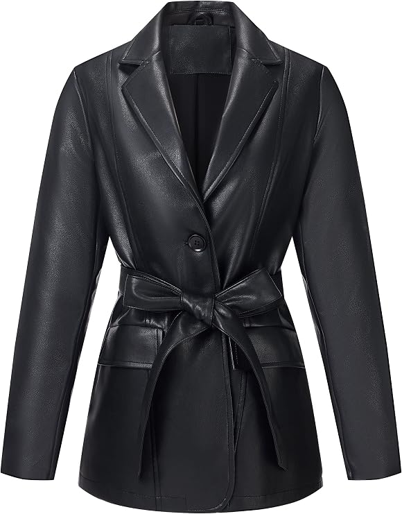 RISISSIDA Women Faux Leather Blazer Jacket with Belt,Soft PU Coat