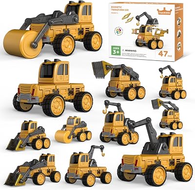 Magnetic Transform Engineering Car Toys for Boys 47PCS, 10-in-1 Magnetic Transformer Cars Set with Light & Music, Educational Building Construction Vehicles, Gifts for Kids Ages 3 4 5 6 7 8