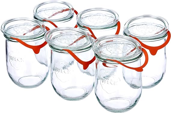 Weck Tulip jar, 1 liter, 6-piece set COVER, seal clamps, glass, transparent, 6 x