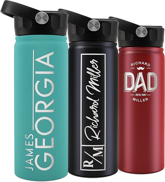 Personalized Water Bottle w Straw Lid Double Wall Insulated | 18 oz - 16 Designs - 9 Colors | Custom Water Bottle w Name and Text, BPA Free - Non Sweat - Vacuum Insulated