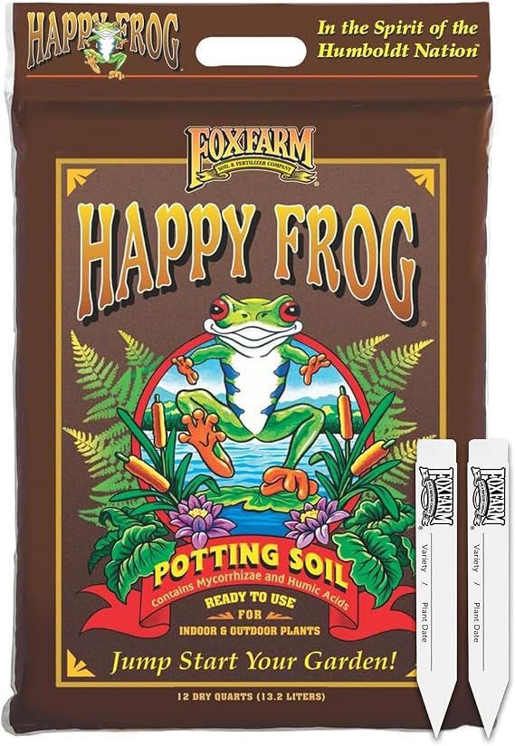 FoxFarm Happy Frog Potting Soil with 2 Plant Tags, 12 Quarts Ready-to-Use Amended Container Blend with Soil Microbes, Earthworm Castings & Bat Guano for Indoor & Outdoor Plants