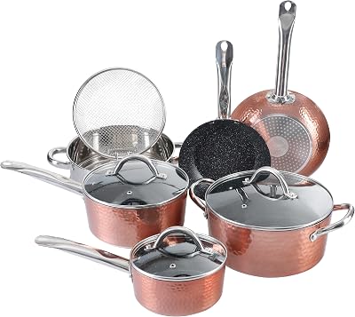 Induction Kitchen Cookware Sets Nonstick - Granite Hammered Pan Set 15 Piece, Dishwasher Safe Cooking Pots and Pans Set