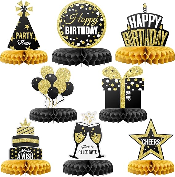 Happy Birthday Table Decoration Centerpieces - (8 Pack, Black & Gold) - Double-Sided Happy Birthday Centerpieces for Tables - Party Supplies for Elegant Birthday Decorations by PixiPy