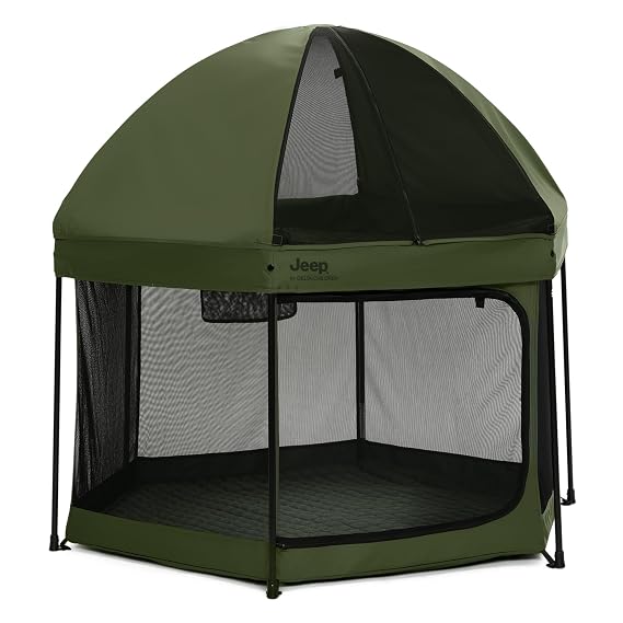Jeep Hexagon Pop Up Play Yard with Removable Canopy | Ideal for Indoor and Outdoor Use, Olive Green