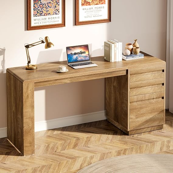 Tribesigns 55-Inch Computer Desk with 3 Drawers, Farmhouse Home Office Desk with Adjustable File Cabinet, Study Table Office Workstation, Walnut Brown