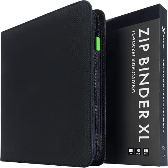 Vault X 12 Pocket XL Zip Trading Card Binder 624 Cards Exo-Tec (Black) | Holds 624 standard-size TCG cards in 26 side-loading 12-pocket pages. Padded, water-resistant Exo-Tec cover.