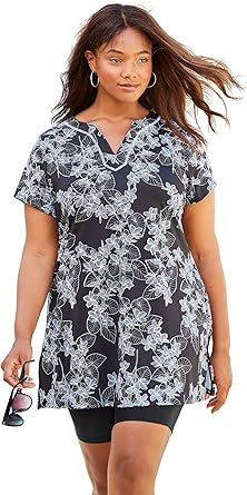Womens Plus Size Longer-Length Notch-Neck Short-Sleeve Swim Tunic - 8, Black White Stencil Floral