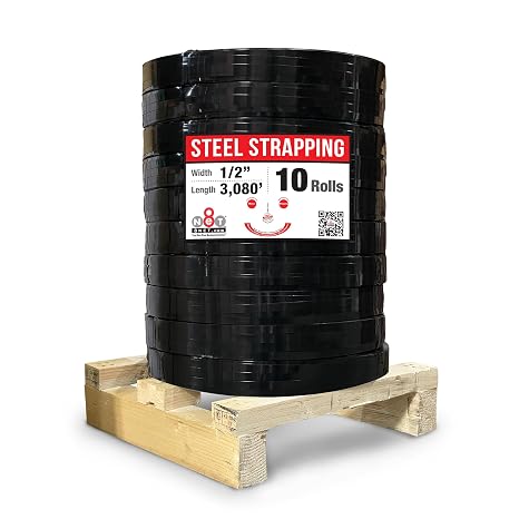 8NET Steel Strapping Band, 3,080' Length x 1/2'' Width x 0.020'' Thickness (1,170 lbs Break Strength), Cut Resistant Pallet Banding, Heavy Duty Metal Strap (10 Rolls)