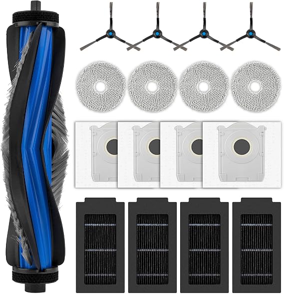 (17 Pieces) T50 Pro Omni Replacement Parts for ECOVACS DEEBOT T50 Omni/ T50 Max Pro Omni Robot Vacuum, 1 Roller Brush, 4 Side Brushes, 4 Dust Bags, 4 HEPA Filters, 4 Mop Pads Accessories Kit