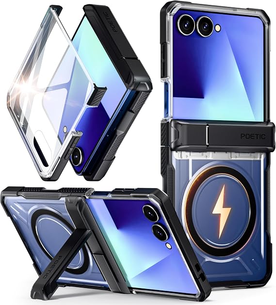 Poetic Spartan for Samsung Galaxy Z Flip 7 Case,[Hinge Protection] [MagSafe Compatible] [Tempered Glass Screen Protector] Full-Body Rugged Shockproof Protective Phone Cover with Kickstand, Black/Clear
