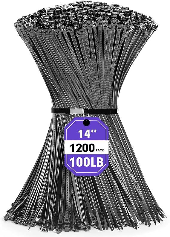 Zip Ties, RAZCC 1200pcs Black Cable Zip Ties 14 Inch, Heavy Duty Plastic Wire Ties with 100lb Tensile Strength, Self-Locking Black Nylon Tie Wraps for Indoor and Outdoor