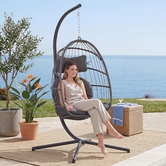Yechen Indoor Outdoor Egg Hanging Chair with Stand, Charcoal Grey