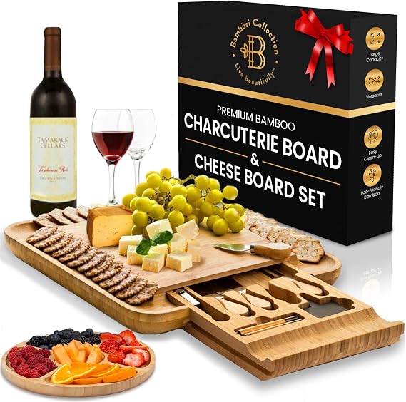 Charcuterie Boards Gift Set, Bamboo Cheese Board with Serving Accessories | House Warming Gifts New Home, Birthday Gifts for Women, Gifts for Men and Mom, Wedding, Bridal Shower, Anniversary Present