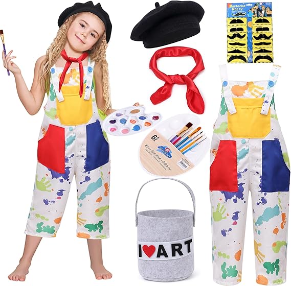 Tacobear Kids Artist Costume with Overalls Beret Beard Bow Tie Paint Bucket Brush, Halloween Career Day Outfit for Boys Girls