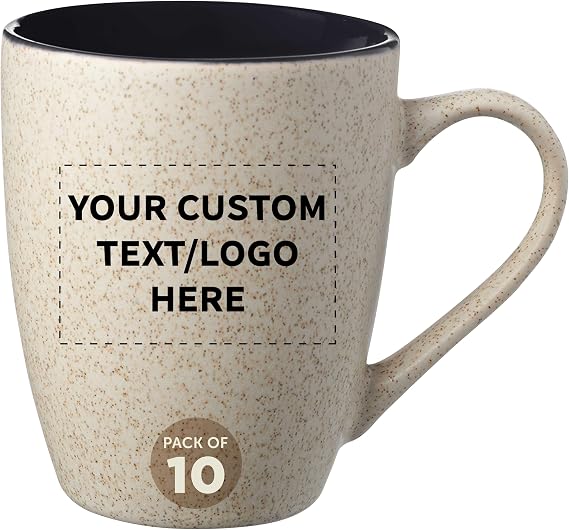 DISCOUNT PROMOS Custom Sesame Speckled Two Tone Coffee Mugs 10 oz. Set of 10, Personalized Bulk Pack - Modern, Customizable- Black