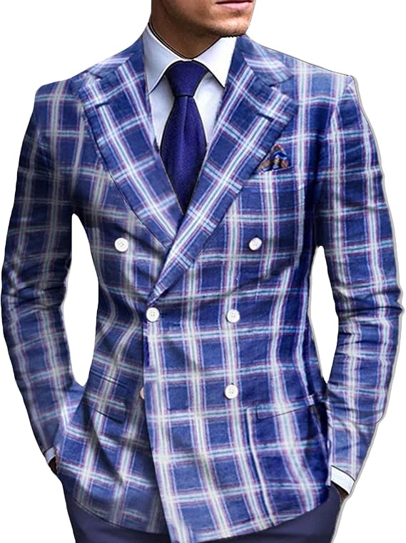 Plaid Button Double Breasted Blazer Jacket for Men Casual Slim Fit Notch Lapel Sport Coat Dinner Prom Party Wedding Suit