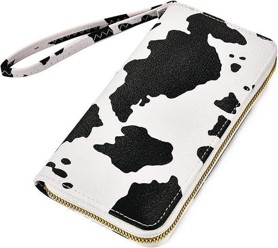 Cow Print PU Leather Wallet Zip Around Cash Coin Card Phone Holder Women Girls Wallet Long Wristlet Purse Clutch Handbag