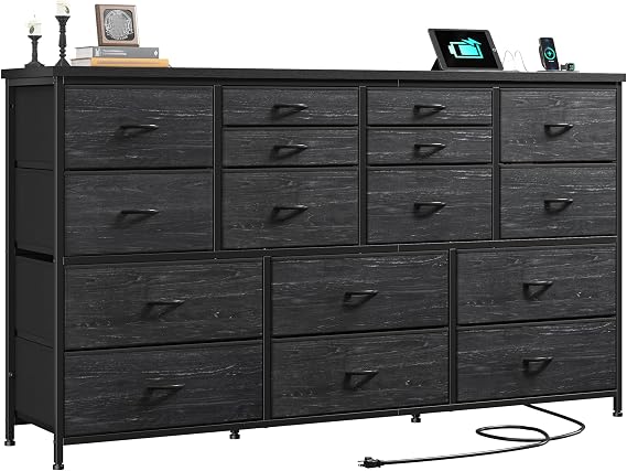 EnHomee Dressser for Bedroom Dresser with 16 Drawers TV Stand for Bedroom for 60" TV Long Dressers & Chests of Drawers Large Dresser with Charging Station, Charcoal Black