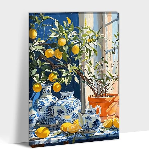 Hzddty Lemon Wall Art Canvas Print, Vintage Citrus Fruit and Blue Porcelain Still Life Painting Artwork, Rustic Kitchen Decor Pictures for Dining Room Home (18x24 inches)