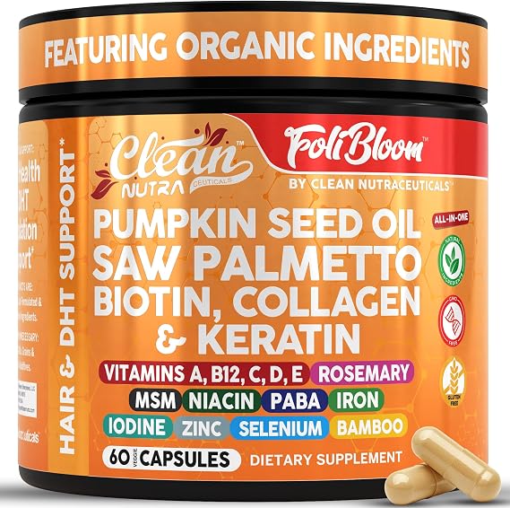 Clean Nutra Pumpkin Seed Oil Capsules + Saw Palmetto Biotin Collagen Keratin MSM Folate Hyaluronic Acid Supplements B12 Zinc Hair Supplement for Women Men Iodine 5-MTHF B-12 Vitamin B9-60 Pills