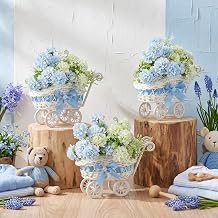 3 Pack Rattan Baby Carriage Floral Arrangement with Bouquet Baby Shower Table Centerpiece Stroller for Guests Gender Reveal Wedding Party Favor Gift and Souvenir(Blue)