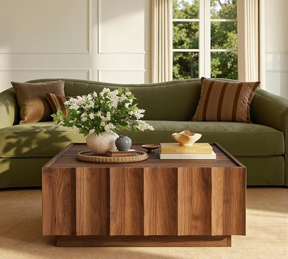 win2win Square Coffee Table with Storage, Mid Century Modern Coffee Table with Wave Design, Wood Grain Finish, Minimalist Center Table with Top-Edge Finger Pull Design for Living Room, Office, Walnut