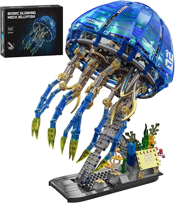 Bionic Glowing Mechanical Jellyfish Building Set, 1146PCS | Steampunk Jellyfish Model with LED Light, Mechanical Gear Joints, Detailed Coral Base Sci-Fi Jellyfish Display Kit for Adults