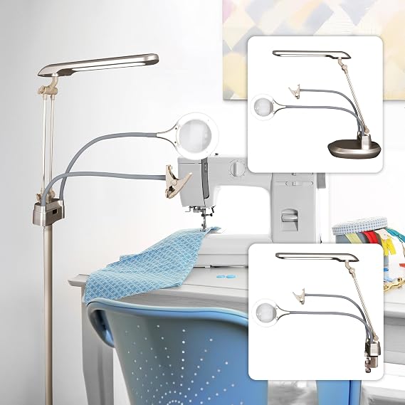 OttLite Ultimate LED 3-in-1 Creative Station with Magnifier, Champagne | ClearSun LEDs | 3-in-1 Floor, Table, and Clamp Lamp | Optical Grade 2x Lighted Magnifier | Power Outlet | Clip Attachment