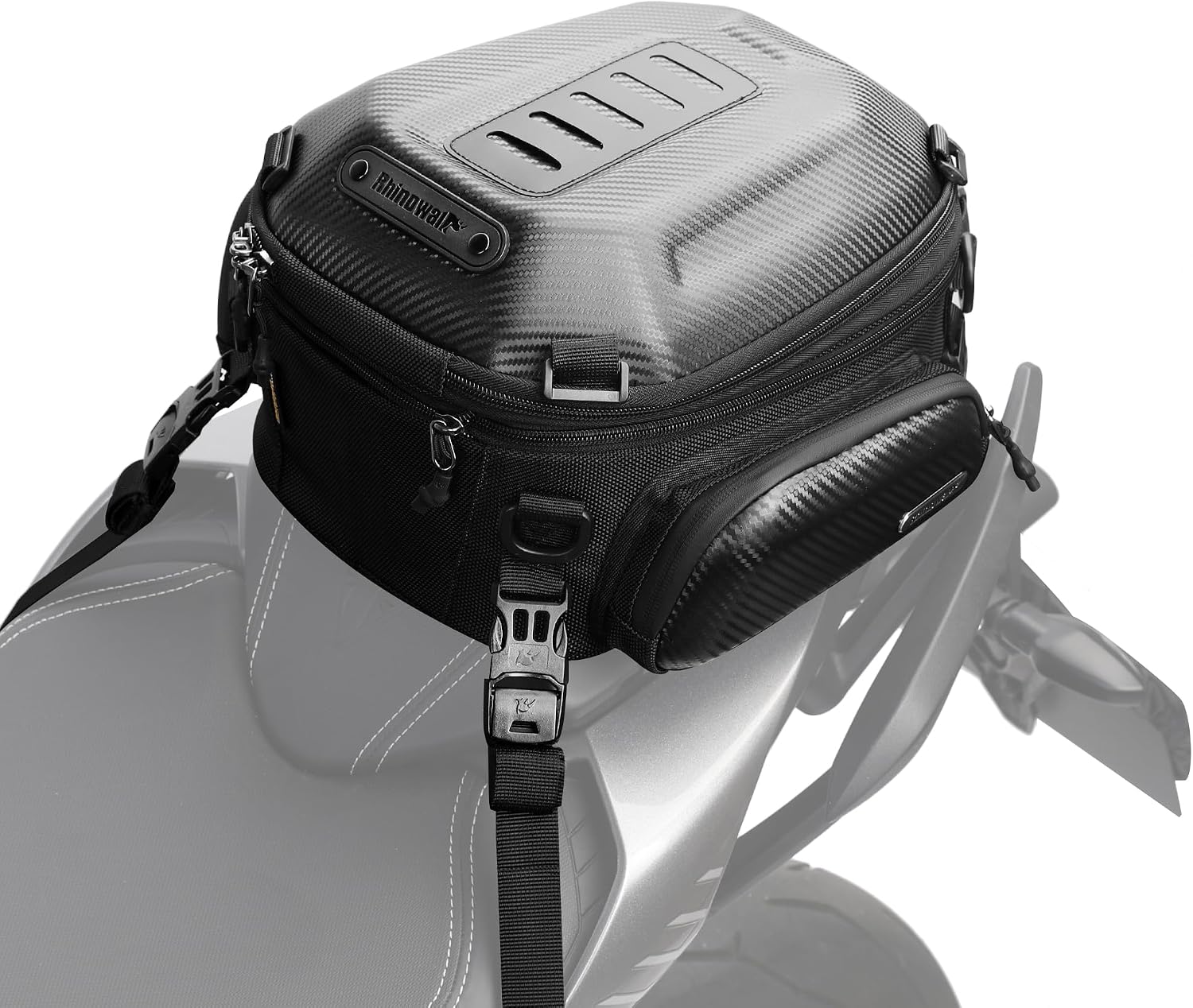 Rhinowalk Motorcycle Tail Bag Expandable Hard Shell Motorcycle Travel Luggage 12L-18L, Waterproof All WeatherTrunkRack Bag with Sissy Bar Straps - Carbon Black