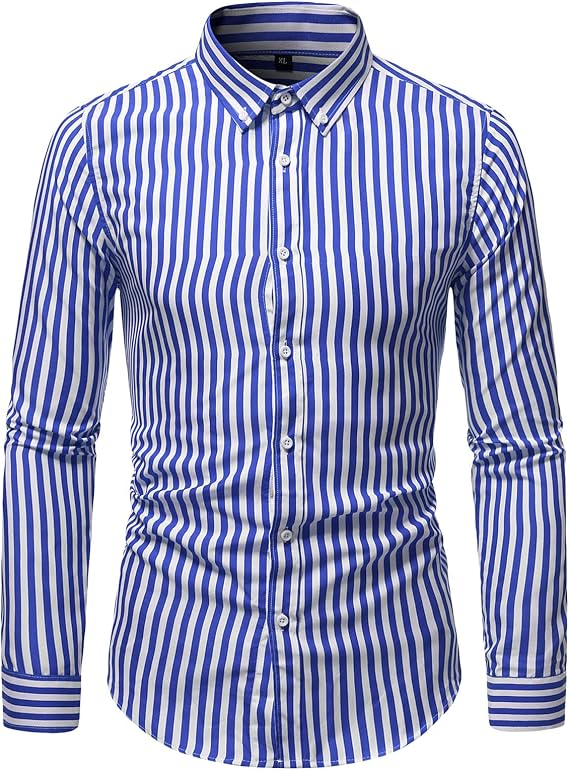 DGHM-JLMY Men's Long Sleeve Spring Stripe Printed Shirt Thin Casual Slim Striped Shirt Fit Pinstriped Button Down Shirts (Blue,Medium)