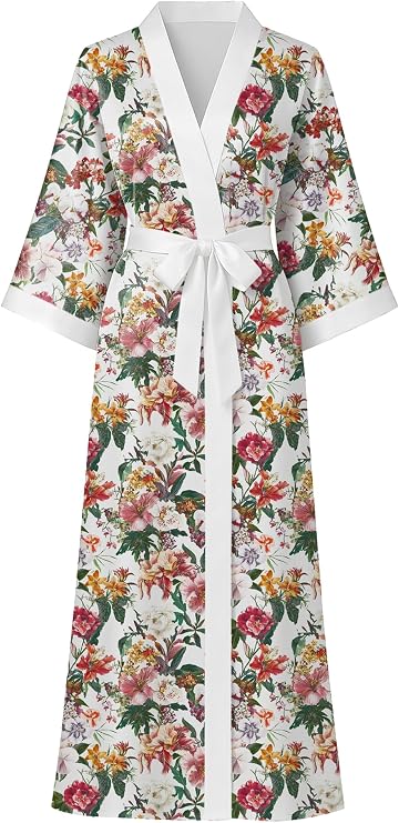 Hellomamma Womens Satin Silk Robe: Lightweight 3/4 Sleeve Comfy Floral Print Kimono Sleepwear for Bride Wedding Party Gift