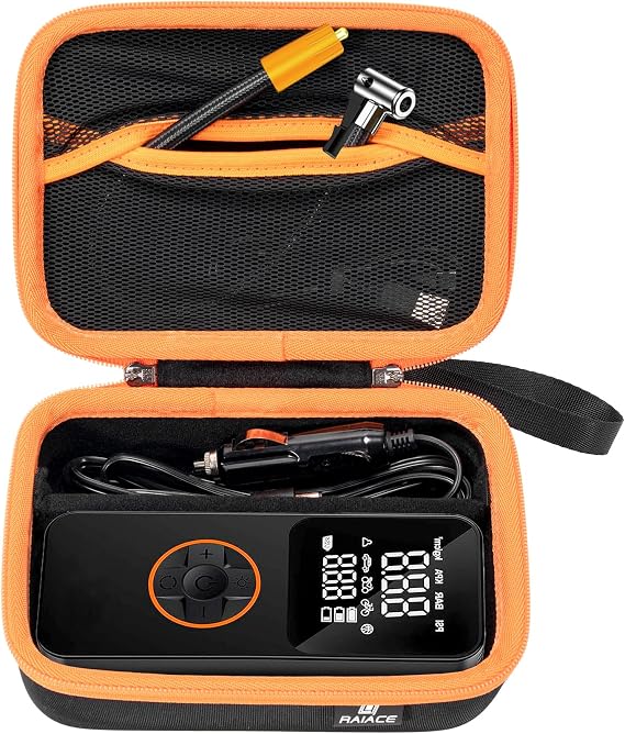 RAIACE Hard Carrying Case Compatible with LOLSSA/fit for GJOSYOI Tire Inflator Portable Air Compressor, Storage Bag with Mesh Pocket for Cables and Accessories.- Black(Black Lining)