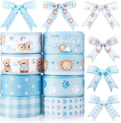 8 Rolls Bear Ribbon 78 Inch 40 Yards Baby Shower Craft Ribbon Boy Bear Print Grosgrain Decoration for Gift Wrapping DIY Bow Baby Shower Gender Reveal Party Diaper Birthday Cake DecorBlue
