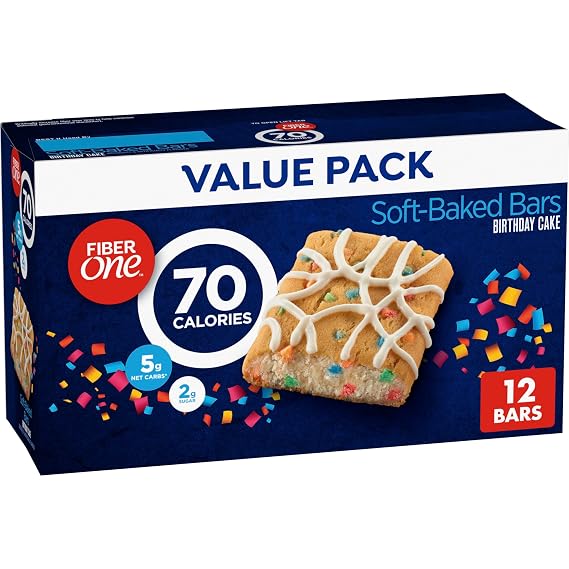 Fiber One 70 Calorie Soft-Baked Bars, Birthday Cake, Snack Bars, 12 ct