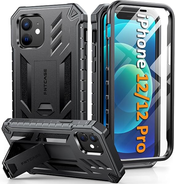 FNTCASE for iPhone 12 Case with Built-in Screen Protector and Kickstand