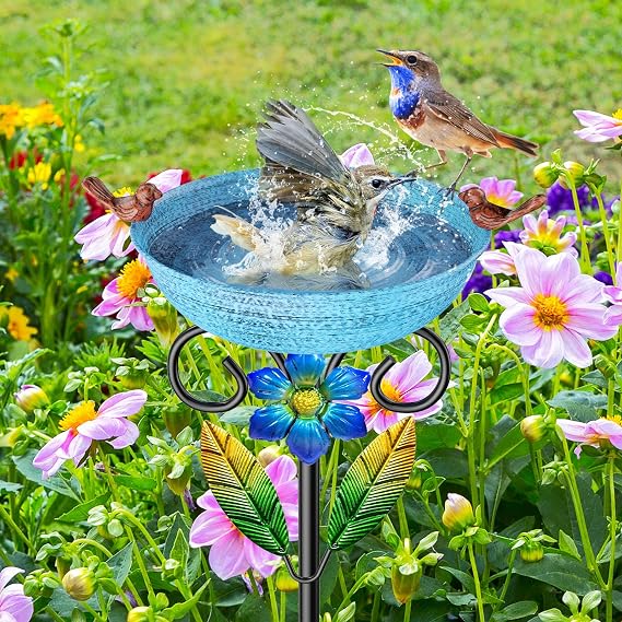 Metal Outside Bird Bath, 42 Freestanding Garden Birdbath for Outdoor, Blue