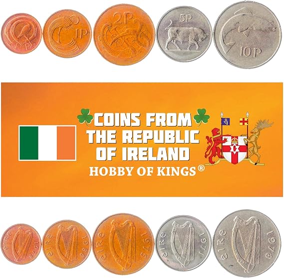 5 Coins from Ireland | Irish Coin Set Collection 1/2 1 2 5 10 Pence | Circulated 1969-1990 | Bull | Salmon | Celtic Harp