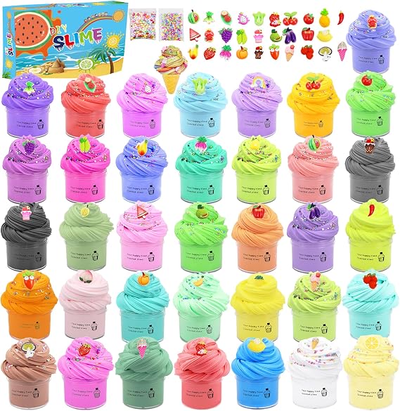 36 Pack Mini Butter Slime Kit with Funny Fruits Charms, Super Soft & Non-Sticky, Party Favors Birthday Gifts for Girls and Boys