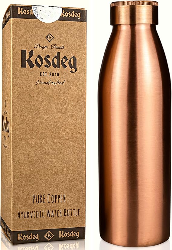 Copper Water Bottle - Kosdeg - 24oz - A Handcrafted Leak Proof Ayurvedic Pure Copper Vessel For Drinking- Drink More Water, Lower Your Sugar Intake and Enjoy The Health Benefits Immediately...
